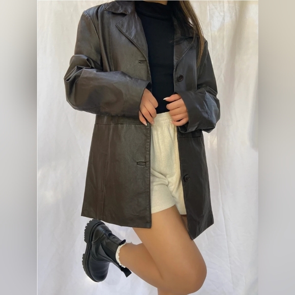 Dialogue Leather Dark Chocolate Brown 3 Button Longlined Oversized Jacket in 3X - Picture 1 of 3